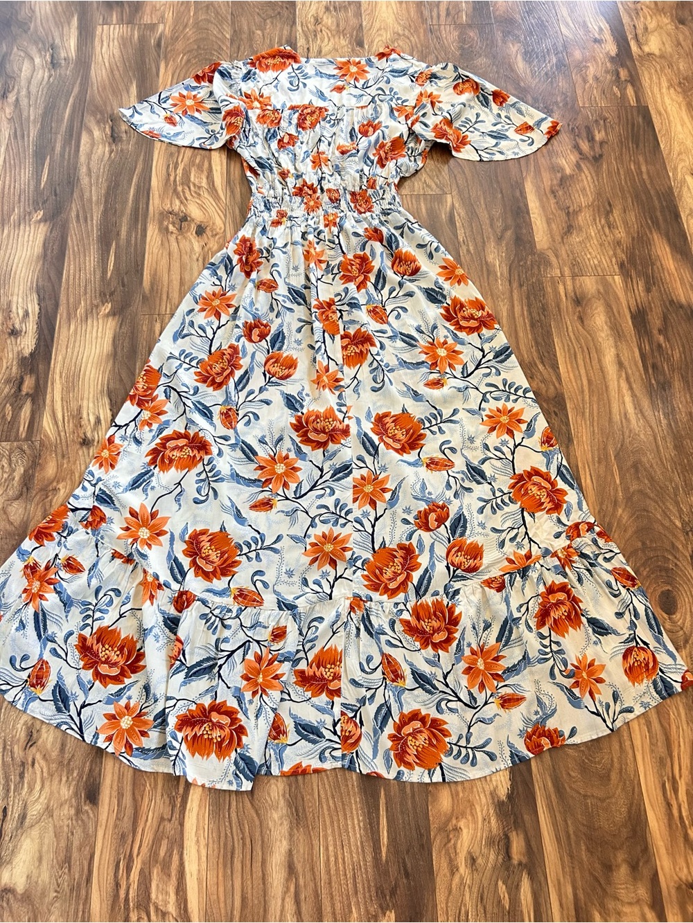 Anthropologie Abel the Label Maxi Dress Floral Sz Large Orange and Blue Hi Low - Picture 5 of 10